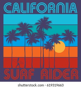 Theme of surfing with text California, Surf Rider. Typography, t-shirt graphics, poster, print, banner or postcard, vector illustration