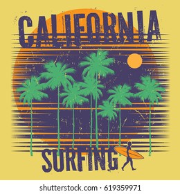 Theme of surfing with text California, Surfing. Typography, t-shirt graphics, poster, print, banner or postcard, vector illustration