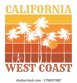 Theme of surfing with text California, West Coast. Typography, t-shirt graphics, poster, print, banner or postcard, vector illustration