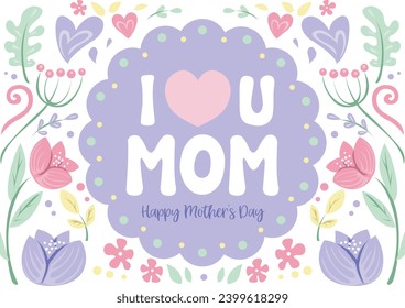 The theme of this card design is Mother’s Day. Mother's day concept illustration. Beautiful sticker of mother's day 22 December. The th text of I love You Mom. Mother's day Vector illustration.