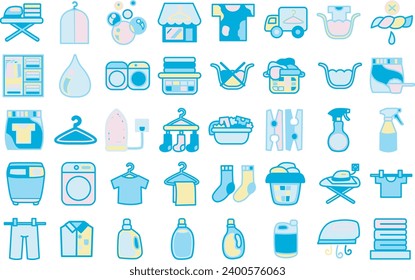 The theme of this icon se is Laundry. Washing and dry cleaning flat icons. Laundry service vector blue icon. Cleaning equipment doodle art. Ironing board set vector elements. Family cleaning house.