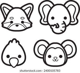 
The theme of this icon set is Animal. Flat animal faces monochrome icon cartoon design. Baby animal face outline. Drawing for kids. Icon set of animal faces. Fox, elephant, bird, and monkey faces.