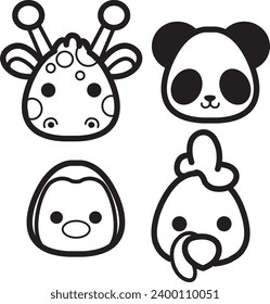 The theme of this icon set is Animal. Flat animal faces monochrome icon cartoon design. Baby animal face outline. Drawing for kids. Icon set of animal faces. Giraffe, panda, bird, and chicken faces.