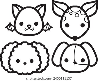 The theme of this icon set is Animal. Flat animal faces monochrome icon cartoon design. Baby animal face outline. Drawing for kids. Icon set of animal faces. Bat, deer, doggy and puppy faces.