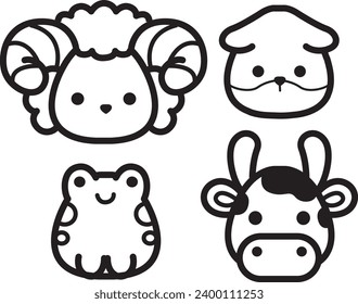 The theme of this icon set is Animal. Flat animal faces monochrome icon cartoon design. Baby animal face outline. Drawing for kids. Basic drawing. Icon set of animal. Sheep, frog, dog, and cow faces.
