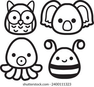 The theme of this icon set is Animal. Flat animal faces monochrome icon cartoon design. Baby animal face outline. Drawing for kids. Icon set of animal faces. Owl, koala, octopus, and bee faces.