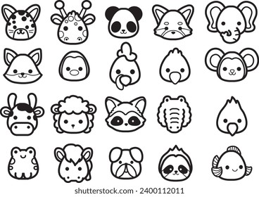 The theme of this icon set is Animal. Flat animal faces monochrome icon cartoon design. Baby animal face outline. Drawing for kids. Icon set of animal faces. Fox, elephant, bird, monkey, tiger, etc..