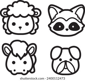 The theme of this icon set is Animal. Flat animal faces monochrome icon cartoon design. Baby animal face outline. Drawing for kids. Icon set of animal faces. Sheep, dog, red panda, and horse faces.