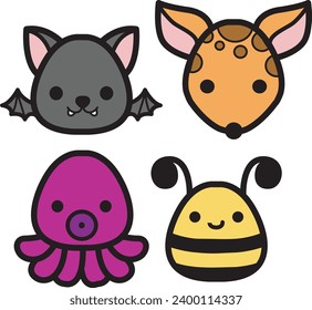 The theme of this icon set is Animal. Flat color outline animal faces icon cartoon design. Baby animal face outline. Drawing for kids. Icon set of animal faces. Bat, octopus, bee, and deer faces.
