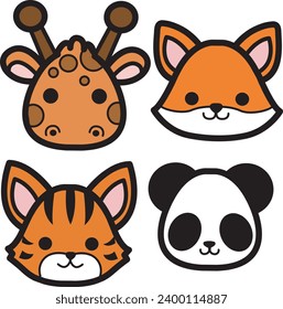 The theme of this icon set is Animal. Flat color outline animal faces icon cartoon design. Baby animal face outline. Drawing for kids. Icon set of animal faces. Deer, fox, tiger and panda faces.