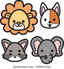 The theme of this icon set is Animal. Flat color outline animal faces icon cartoon design. Baby animal face outline. Drawing for kids. Icon set of animal faces. Lion, dog, racoon and elephant faces.