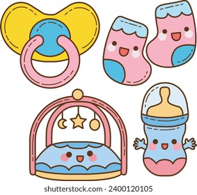 The theme of this icon set is Baby. Illustration baby products. Pack of baby accesories. Baby set icon cartoon family kids. Collection cute newborn icon. Child infant Cartoon style. Vector images.