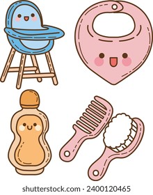 The theme of this icon set is Baby. Illustration baby products. Pack of baby accesories. Baby set icon cartoon family kids. Collection cute newborn icon. Child infant Cartoon style. Vector images.