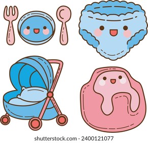 The theme of this icon set is Baby. Illustration baby products. Pack of baby accesories. Baby set icon cartoon family kids. Collection cute newborn icon. Child infant Cartoon style. Vector images.