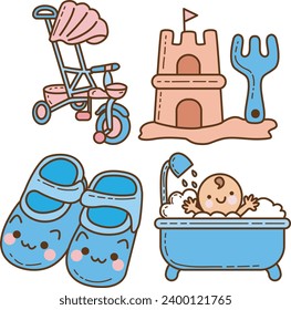 The theme of this icon set is Baby. Illustration baby products. Pack of baby accesories. Baby set icon cartoon family kids. Collection cute newborn icon. Child infant Cartoon style. Vector images.