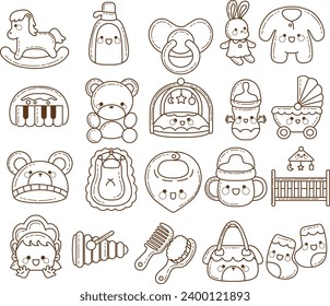 The theme of this icon set is Baby. Illustration baby products. Pack of baby accesories. Baby set icon cartoon family kids. Collection cute newborn icon. Child infant Cartoon style. Vector images.