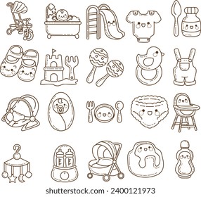 The theme of this icon set is baby. Illustration baby products. Pack of baby accesories. Baby set icon cartoon family kids. Collection cute newborn icon. Child infant Cartoon style. Vector images.