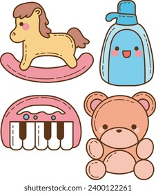 The theme of this icon set is Baby. Illustration baby products. Pack of baby accesories. Baby set icon cartoon family kids. Collection cute newborn icon. Child infant Cartoon style. Vector images.