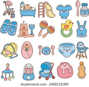 The theme of this icon set is baby. Illustration baby products. Pack of baby accesories. Baby set icon cartoon family kids. Collection cute newborn icon. Child infant Cartoon style. Vector images.