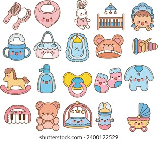 The theme of this icon set is Baby. Illustration baby products. Pack of baby accesories. Baby set icon cartoon family kids. Collection cute newborn icon. Child infant Cartoon style. Vector images.