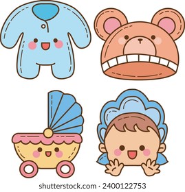 The theme of this icon set is baby. Illustration baby products. Pack of baby accesories. Baby set icon cartoon family kids. Collection cute newborn icon. Child infant Cartoon style. Vector images.