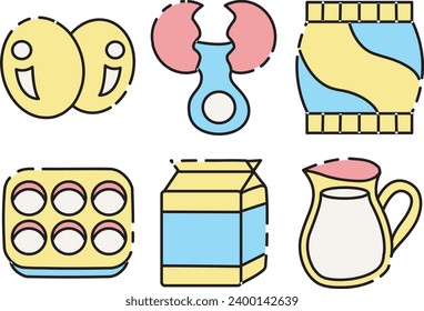 The theme of this icon set is Baking. Utensils stock. Cute cake drawing. Kitchen tools images. Pastry kitchen icons. Coloring baking elements stock vector. Milk, cake molds, eggs, flour, and dough.