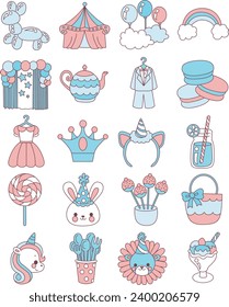 The theme of this icon set is Birthday. Circus show doodle icon. Colection of birthday party images. Decoration of carnival clip art with candies, cake,  and cute animals. Happy birthday icon set. 