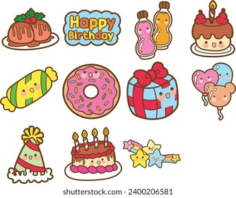 The theme of this icon set is Birthday. Circus show doodle icon. Colection of birthday party images. Decoration of carnival clip art with candies, cake,  and cute balloons. Happy birthday icon set. 