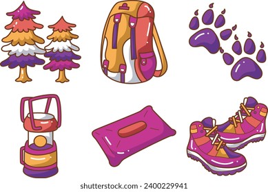 The theme of this icon set is Camping. Getaway icon set. Camping vector images. Hunting symbol doodle set. Camping equipment. Cartoon camping design. Bag, trees, paw, lamp, pillow, and shoes. Picnic