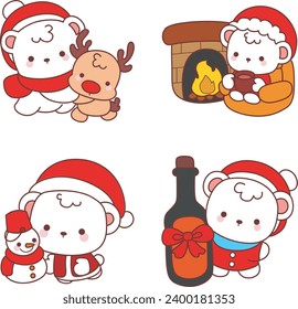 The theme of this icon set is Christmas Bear. Baby bear christmas character illustrations. Sticker of bear character with christmas clothes. Decoration of christmas day. White bear in the snow.