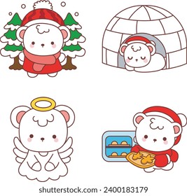 The theme of this icon set is Christmas Bear. Baby bear christmas character illustrations. Sticker of bear character with christmas clothes. Decoration of christmas day. White bear in the snow.