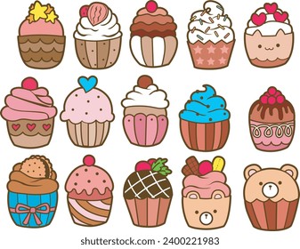 The theme of this icon set is cupcake. Cute cupcakes emoticon cartoon birthday. Yummy cake character design. Choco cake for birthday party. Kawaii stickers of cupcake. Food and dessert printable.