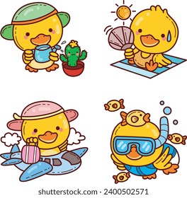 The theme of this icon set is Duck Beach. Set of cartoon duck character. Cute yellow baby duck icons. Duck cartoon doodle set. Summer time images. Ducklings with variations activities in summer.
