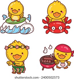 The theme of this icon set is Duck Beach. Set of cartoon duck character. Cute yellow baby duck icons. Duck cartoon doodle set. Summer time images. Ducklings with variations activities in summer.