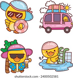The theme of this icon set is Duck Beach. Set of cartoon duck character. Cute yellow baby duck icons. Duck cartoon doodle set. Summer time images. Ducklings with variations activities in summer.
