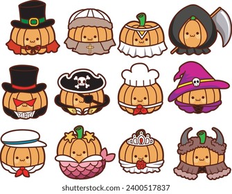 The theme of this icon set is Halloween. Set collection of cute pumpkin with variation costumes. Cute kawaii halloween icons. Cute pumpkin clip art ghost halloween. Cute childish pumpkins.