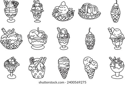 The theme of this icon set is Ice Cream. Ice cream stock vector. Outline dessert vector images. Set of images ice cream in different form. Melting dessert illustrations. Food menu illustration design.