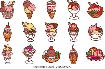 The theme of this icon set is Ice Cream. Ice cream stock vector. Colorful dessert vector images. Set of images ice cream in different form. Melting dessert illustrations. Food menu illustrations. 