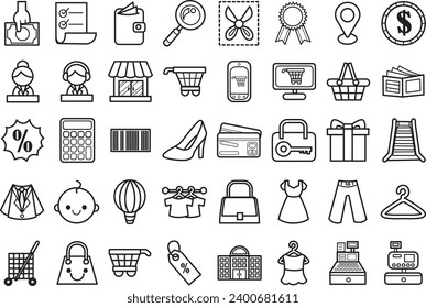 The theme of this icon set is Shopping. E-commerce shopping PNG image. Shopping cart isolated background. Escalator, discount, cashier, shop, barcode, calculator, badge, exclusive, cheap, expensive. 