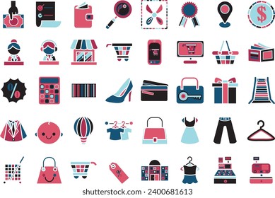 The theme of this icon set is Shopping. E-commerce shopping PNG image. Shopping cart flat color icon set. Escalator, discount, cashier, shop, barcode, calculator, badge, exclusive, cheap, expensive. 