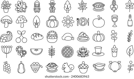 the theme of this icon set is Thanksgiving. Fruit and vegetables icons. Autumn line icon. Spread harvest autumn fall elements. Bundle thanksgiving set icon. Natural food flat line. Pumpkin and turkey.