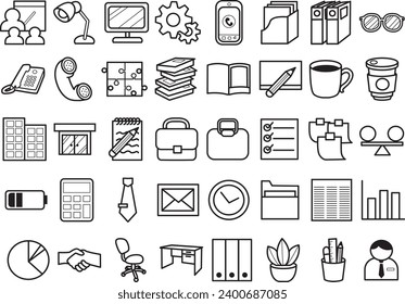 The theme of this icon set is Work. Set of office related icons in the outline sign. Briefcase icon stock images. Business related icons. Office supplies icon set. Manager plan workplace sign.