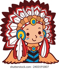 The theme of this  illustration is American Indians. Indian chef images. Aztec clip art cartoon style. Cartoon indian headdress. Decorative native American character. American indians costume vector.