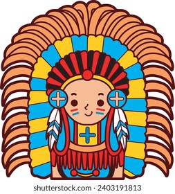 The theme of this  illustration is American Indians. Indian chef images. Aztec clip art cartoon style. Cartoon indian headdress. Decorative native American character. American indians costume. Vector.