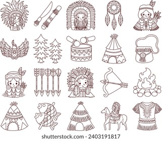 The theme of this  illustration is American Indians. Indian chef images. Aztec clip art cartoon style. Cartoon indian headdress. Decorative native American character. American indians costume vector.