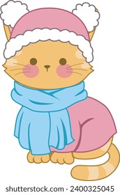 The theme of this illustration is Cat. Animals stock vector. Cat with winter outfit. Meow clip art cute cartoon. Vector mascot illustration kitty design. Merry christmas and happy new year. Little cat