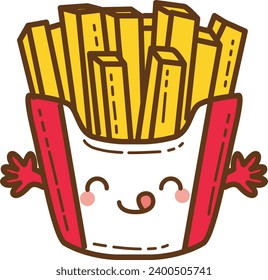 The theme of this illustration is Fastfood. Funny french fries cartoon character. Cute cartoon food illustration. Kawaii food cartoon vector icon. Cute potato french fries box images. Isolated vector.