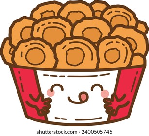 The theme of this illustration is Fastfood. Funny chciken nugget character. Cute cartoon food illustration. Kawaii food cartoon vector icon. Cute potato french fries box images. Isolated vector.