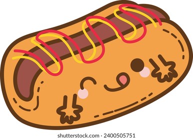 The theme of this illustration is Fastfood. Funny hot dog cartoon character. Cute cartoon food illustration. Kawaii food cartoon vector icon. Cute hot dog images. Fastfood isolated vector icon.