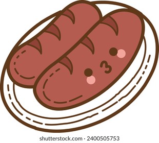 The theme of this illustration is Fastfood. Funny bread cartoon character. Cute cartoon food illustration. Kawaii food cartoon vector icon. Cute sausage images. Isolated vector icon. Cocolate bread.